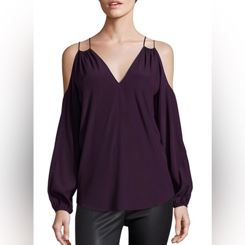 Ramy Brook XS Purple Gigi Top Silk Blouse Cold Shoulder Shirt V Neck